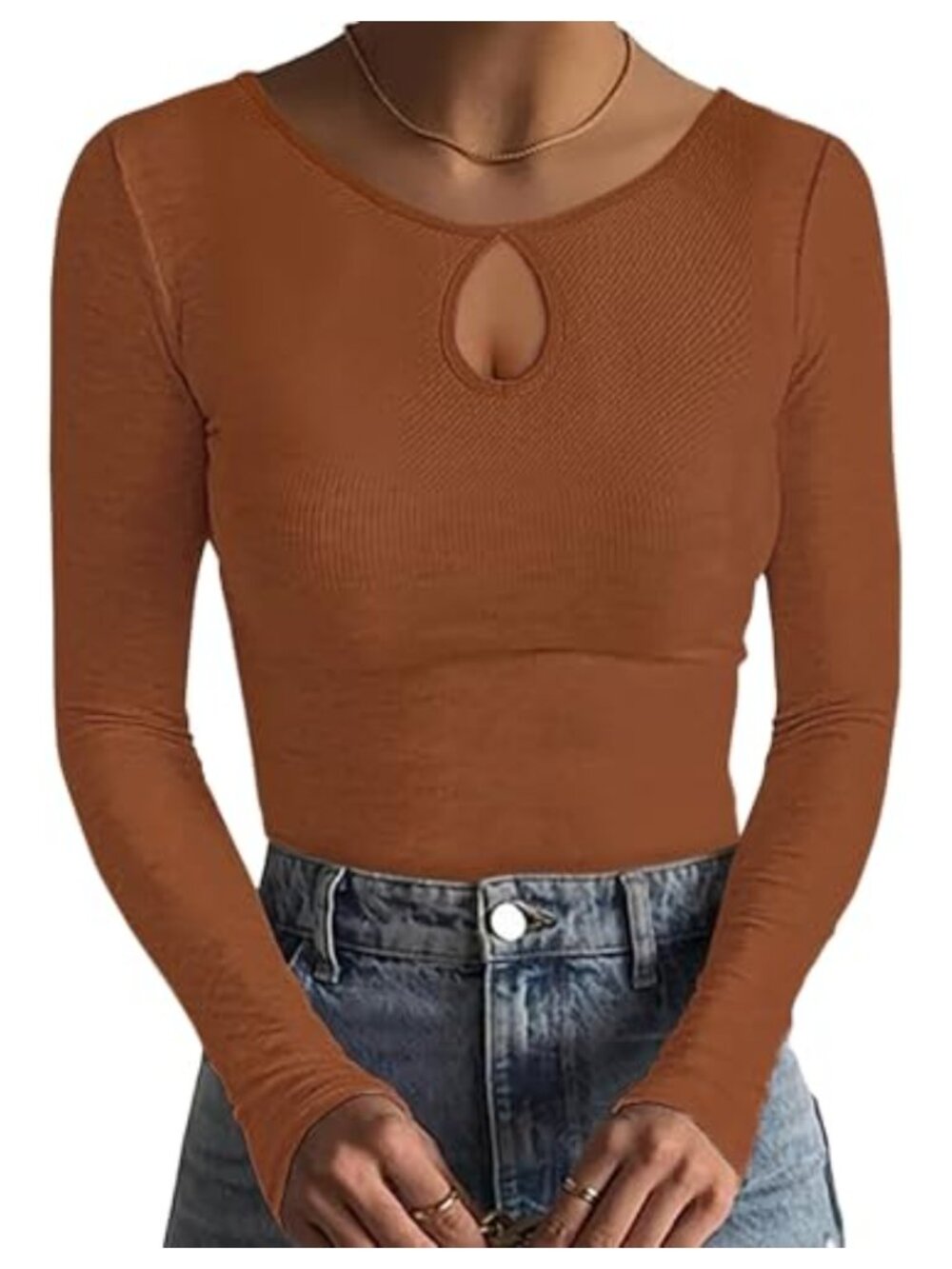 Women's Ribbed Knit Long Sleeve Keyhole Cutout Slim Fit Top